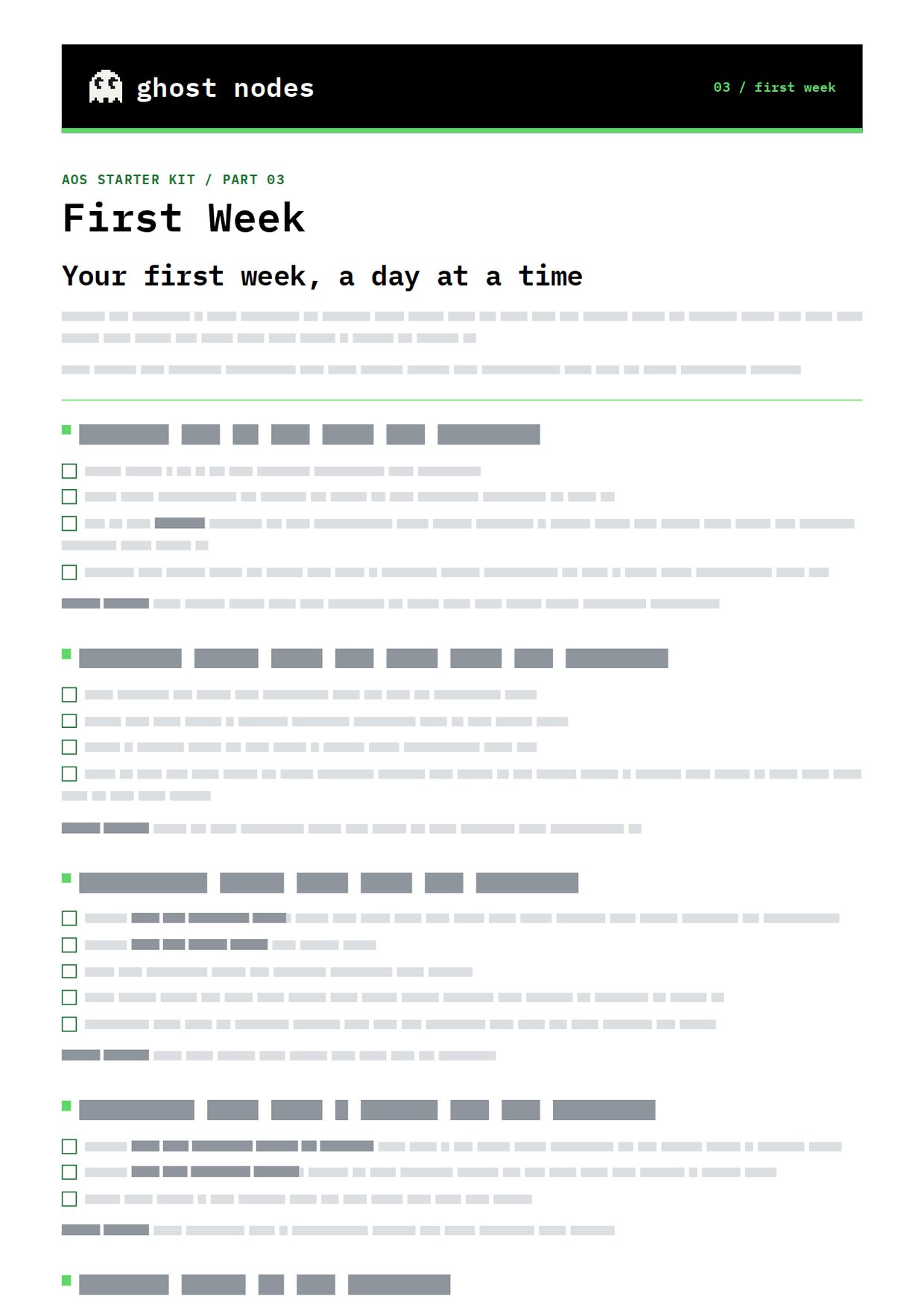 The first page of the First Week plan.