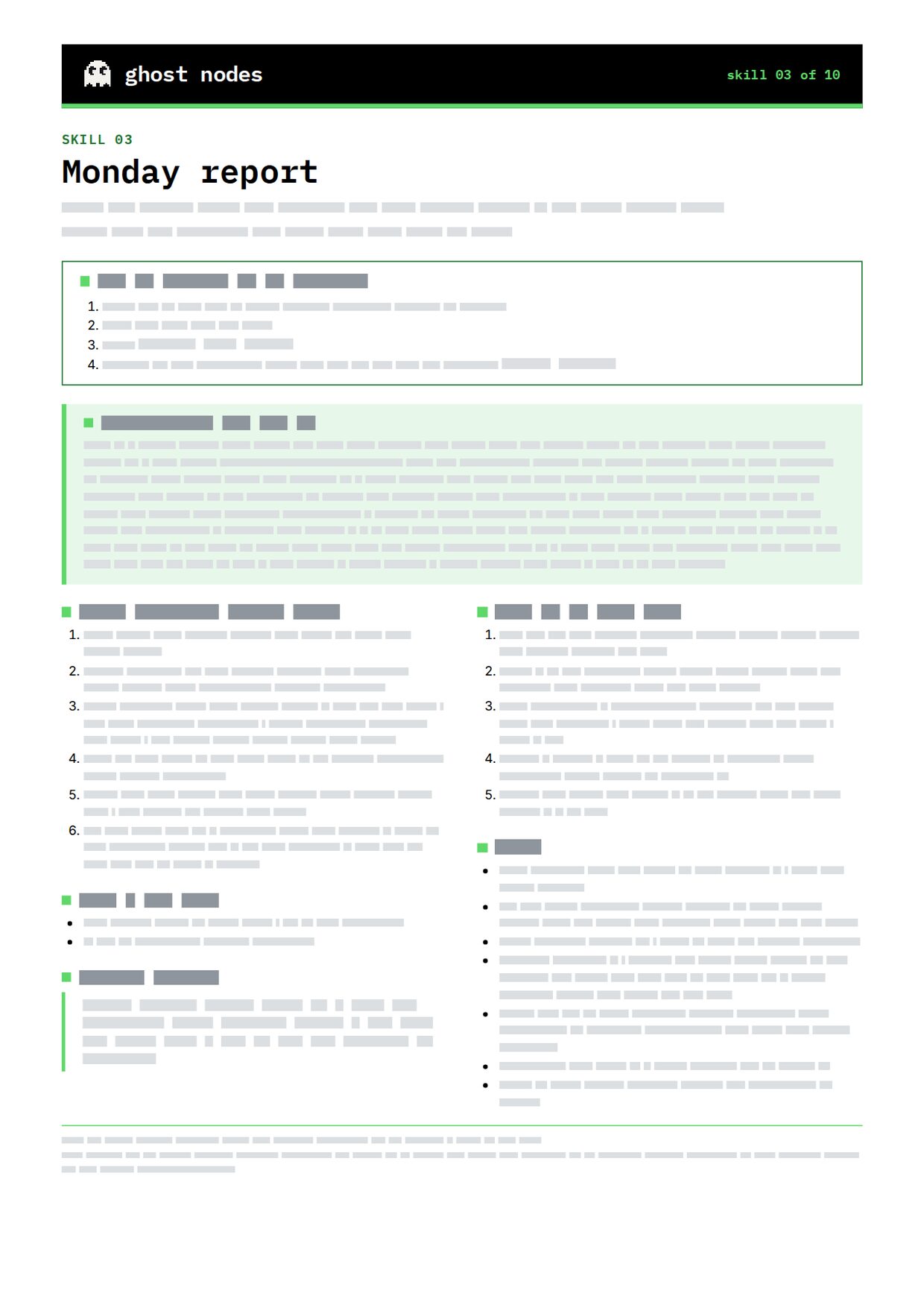 Three of the ten Skill Sheets, with Skill 03, the Monday report, on top.