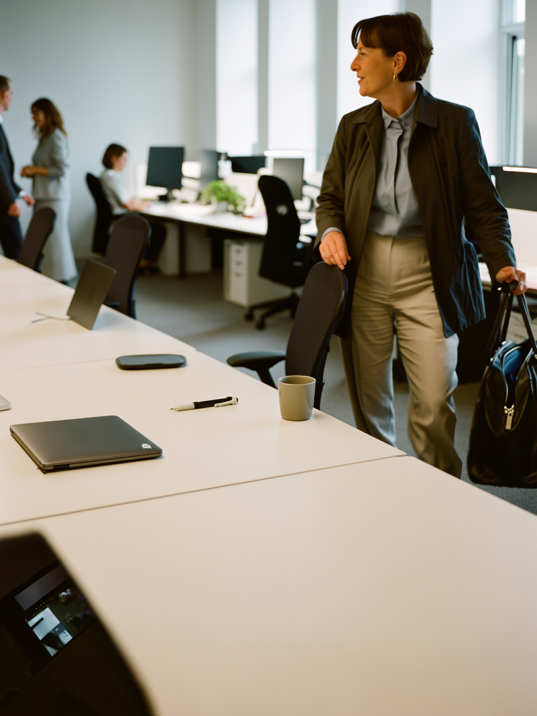 A manager leaving the office on time, coat on, laptop closed.